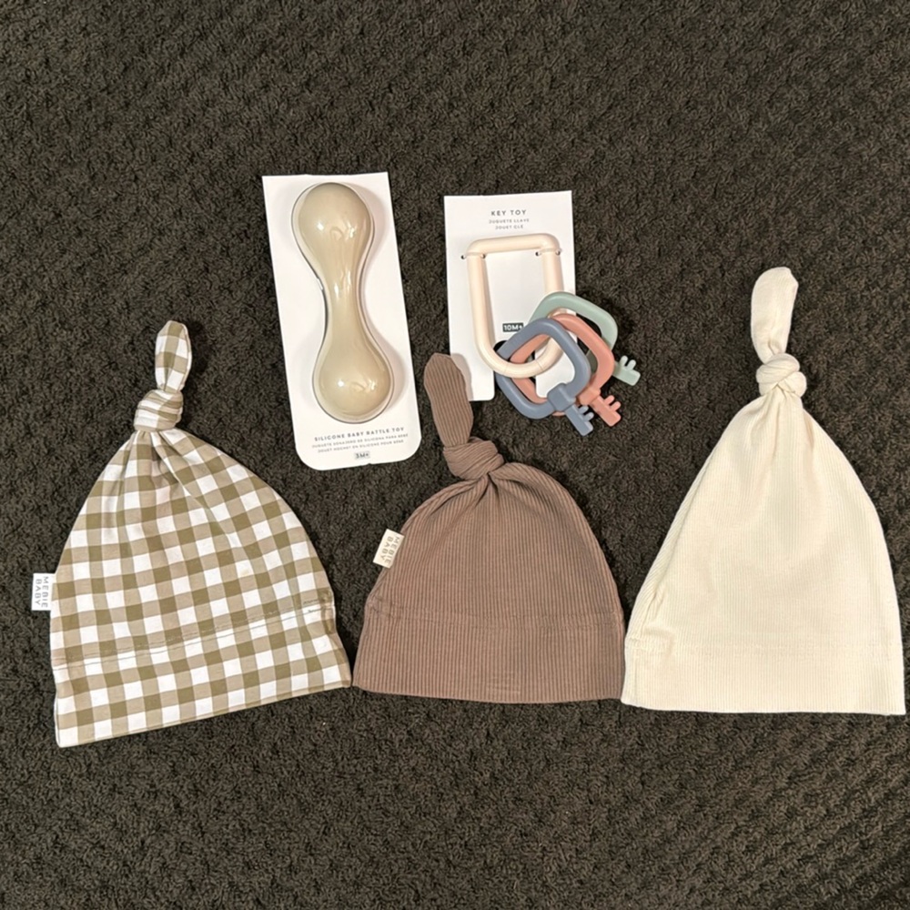 3 Newborn caps and 2 Toys-all new